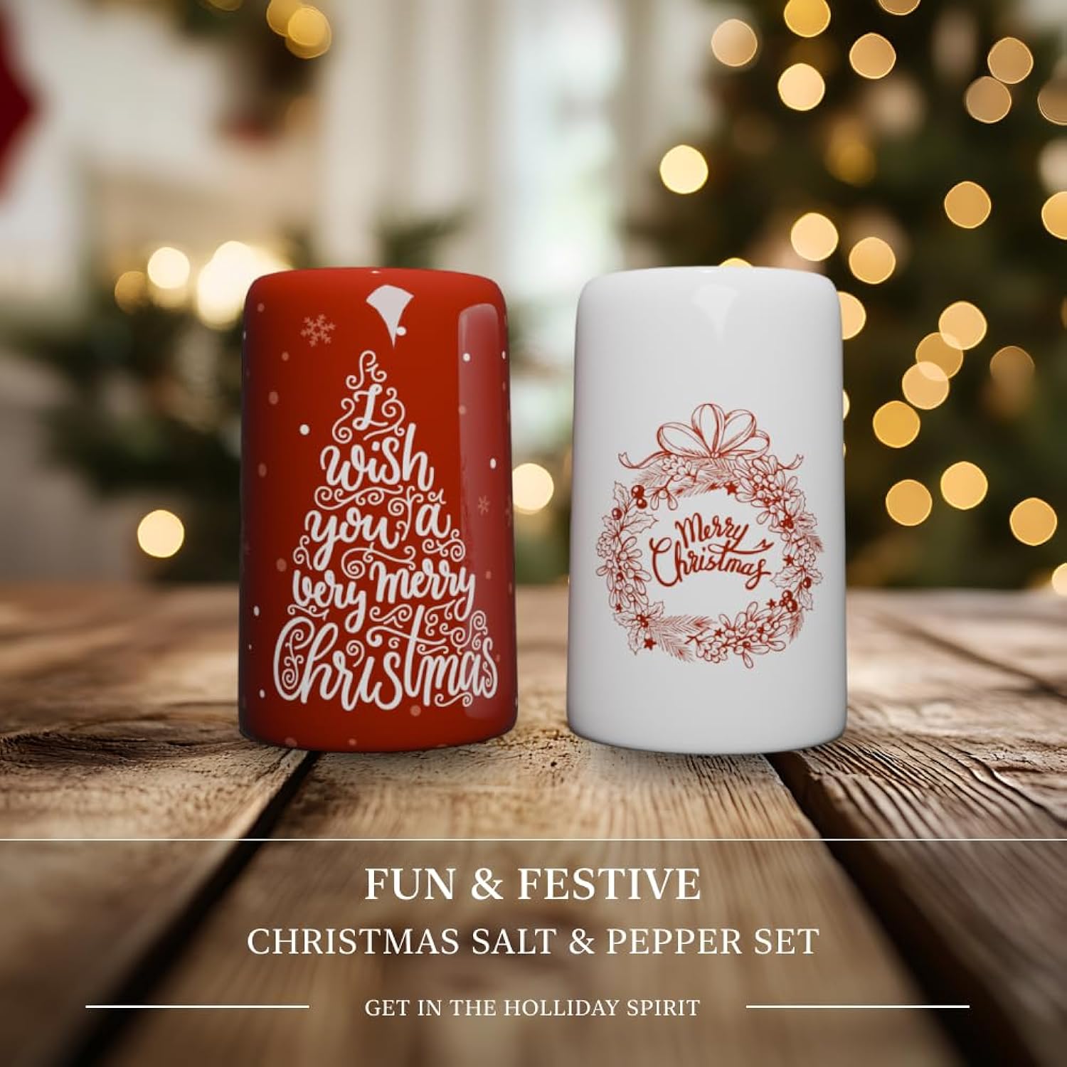 Salt And Pepper Shakers – Christmas Kitchen Decor – Holiday Table Shaker Set With Christmas Tree And Wreath Design – Large Festive Seasoning Shakers