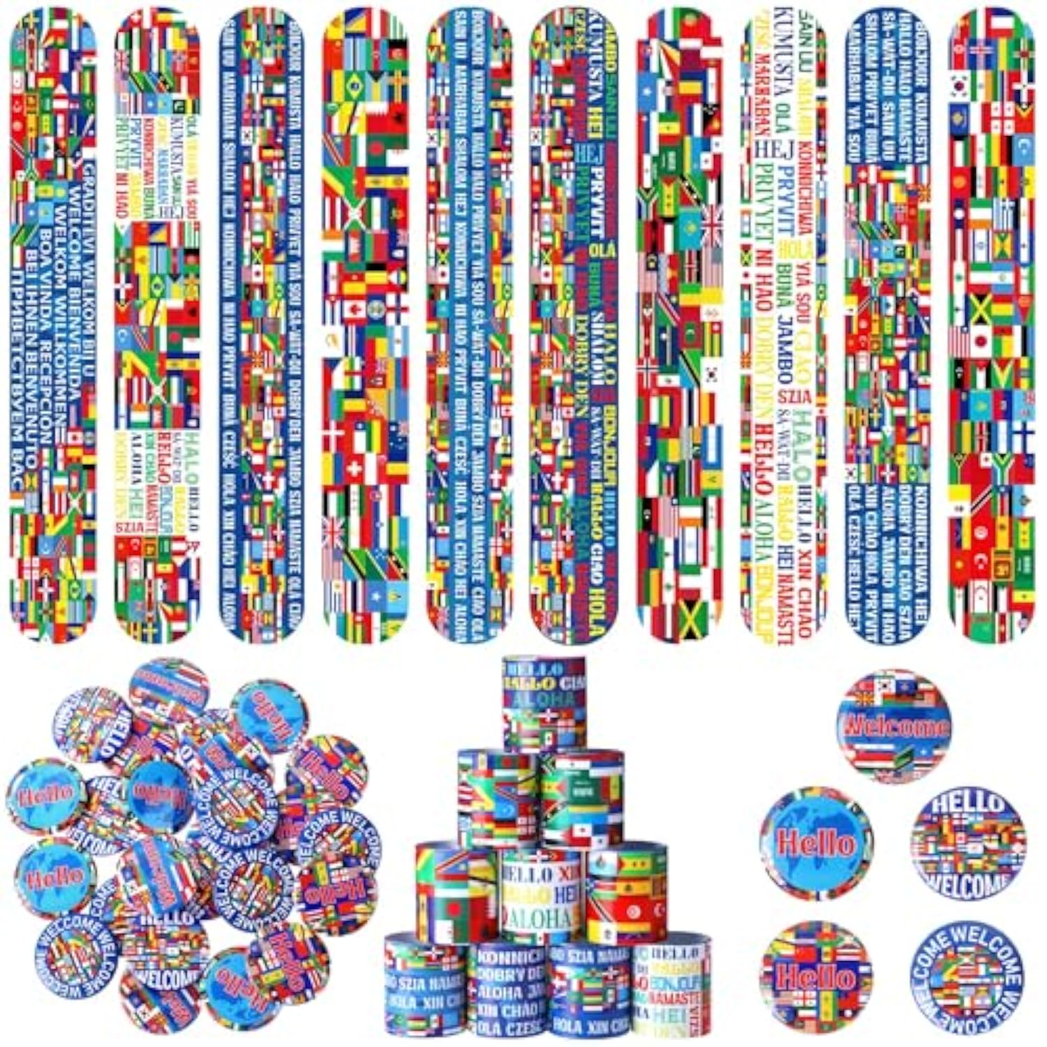 60 Pcs International Flags Of The World Party Favors: 30 Around The World Slap Bracelets, 30 Button Pins, Country Flags International Party Favor Globe History Classroom Decorations Supplies