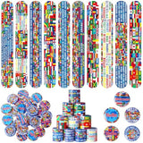 60 Pcs International Flags Of The World Party Favors: 30 Around The World Slap Bracelets, 30 Button Pins, Country Flags International Party Favor Globe History Classroom Decorations Supplies