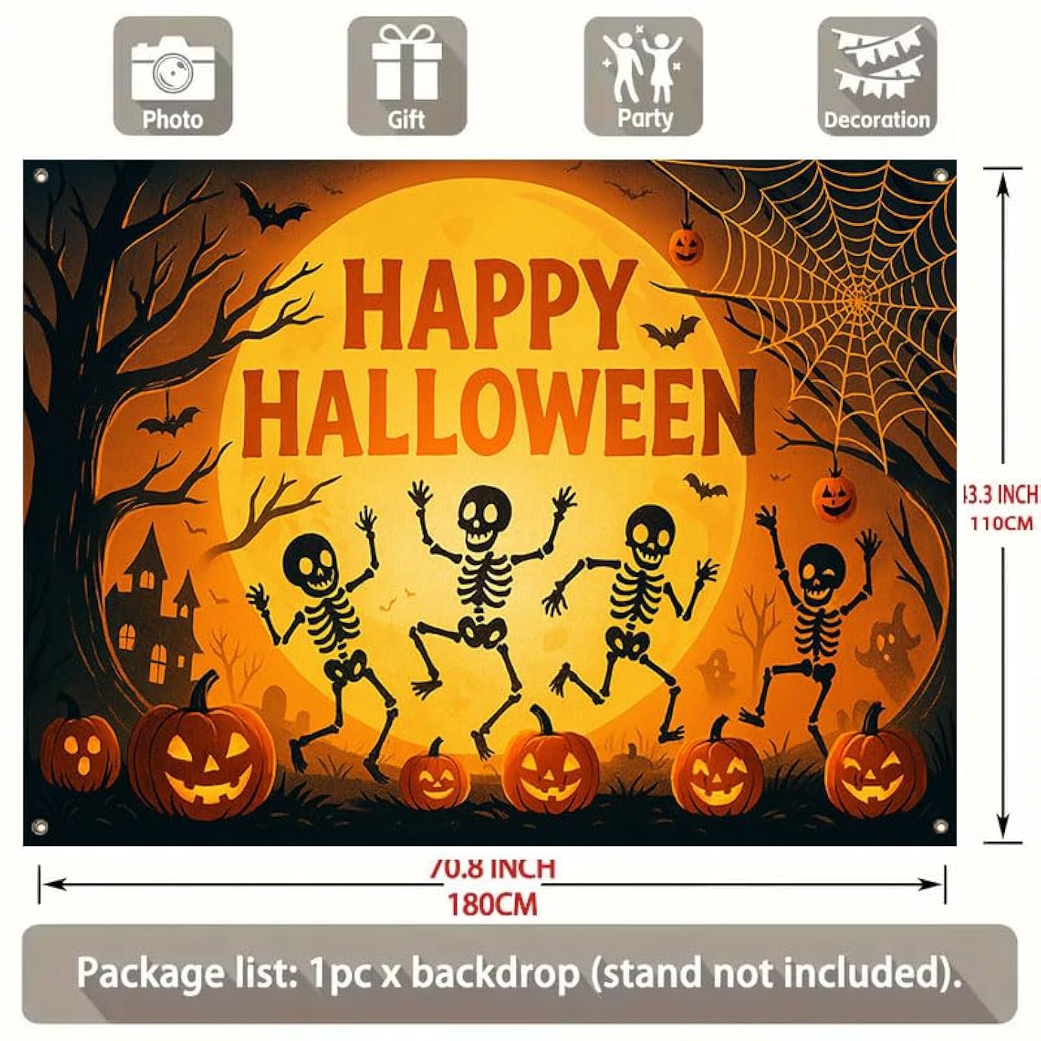 Large Happy Halloween Banner 71x43 Inch Skeleton Pumpkin Backdrop Haunted House Decor