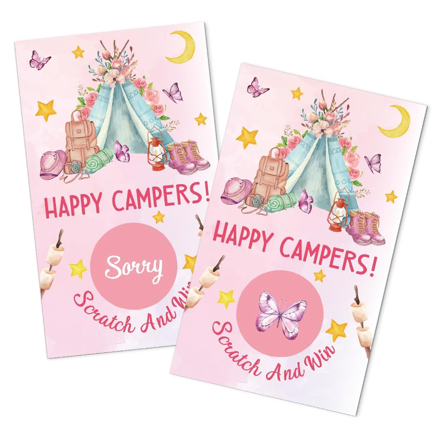 50 Pack Pink Happy Camper Theme Scratch Off Game, Pink Camping Sleepover Slumber Birthday Party Scratch Card For Baby Shower Bachelorette Party Lottery Group Camping Hunt Enterprises Activity