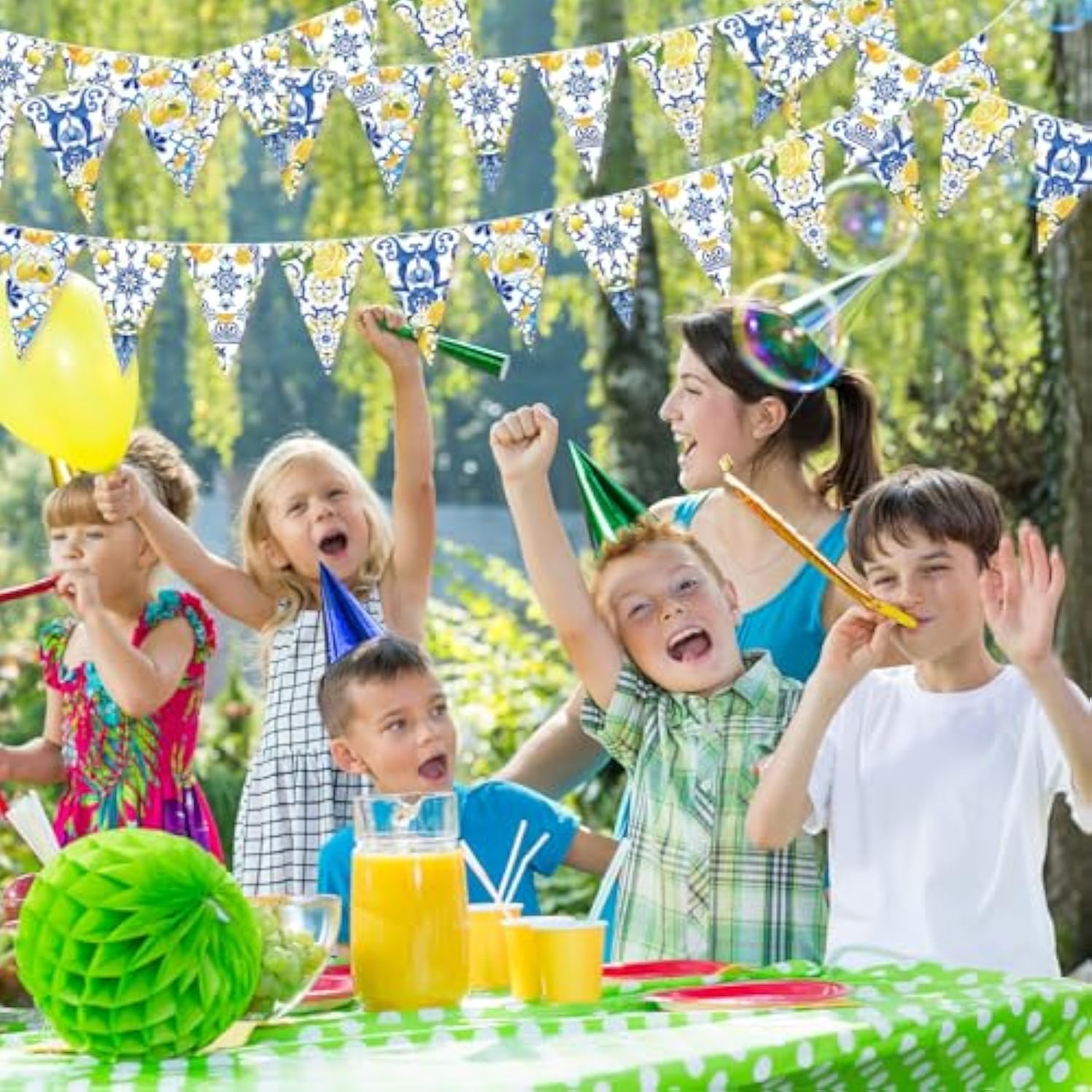 5 Pcs Blue Tiles Lemon Decor Lemon Bunting Banners Blue Tiles Paper Pennant Garlands Lemonade Hanging Triangle Flags For Wedding Birthday Bridal Shower Bachelorette Party Decorations