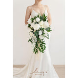 White Bridal Bouquet Cascading, Ivory Wedding Bouquets For Bride, 15 Inch Bride Bouquets For Wedding Artificial Flowers Bouquets