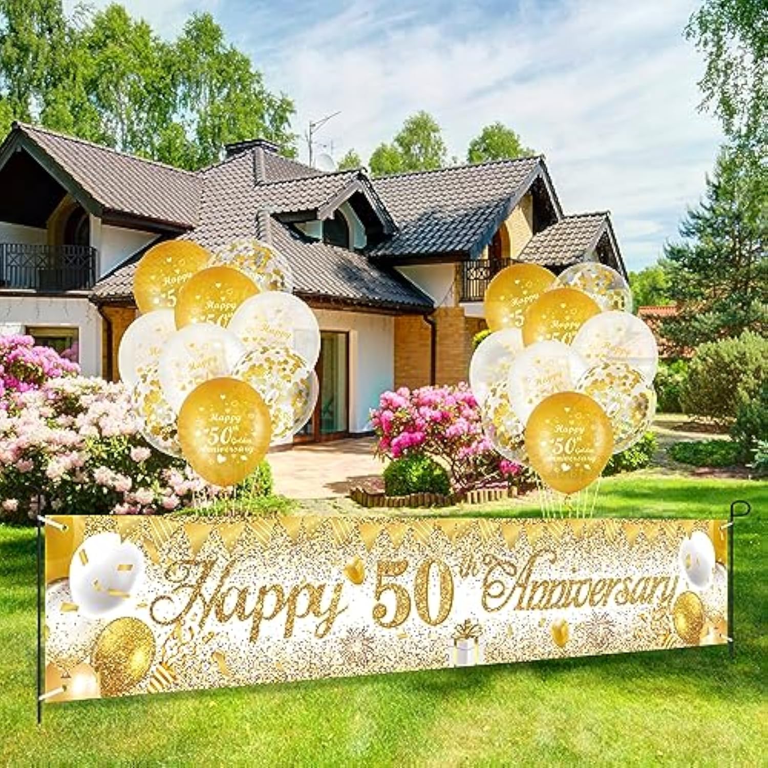 50th Anniversary Decor Set – White & Gold Yard Banner with 18 Balloons for Golden Celebration
