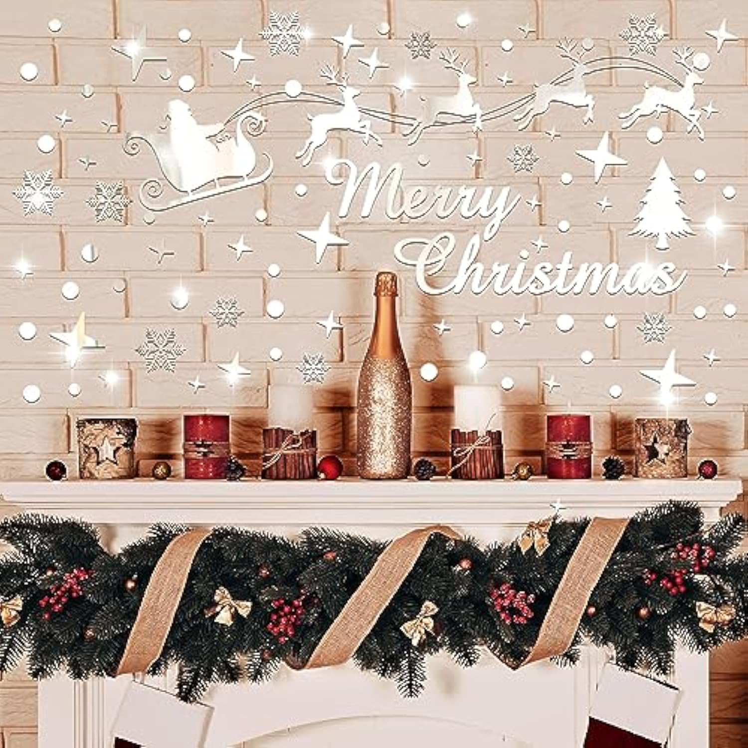 Christmas Mirror Decals Stickers Merry Christmas Santa Claus Reindeer Snowflakes Window Mirror Clings Xmas Acrylic Wall Art Decals Decor For Diy Holiday Winter Party Home Window Decor