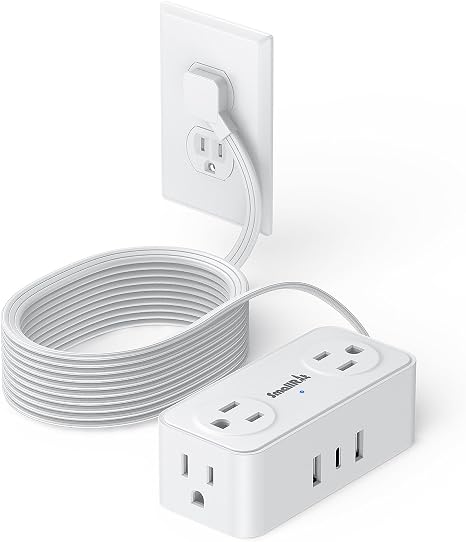 Flat Plug Power Strip 4 Outlets 3 USB Ports 10FT Extension Cord Charging Station White