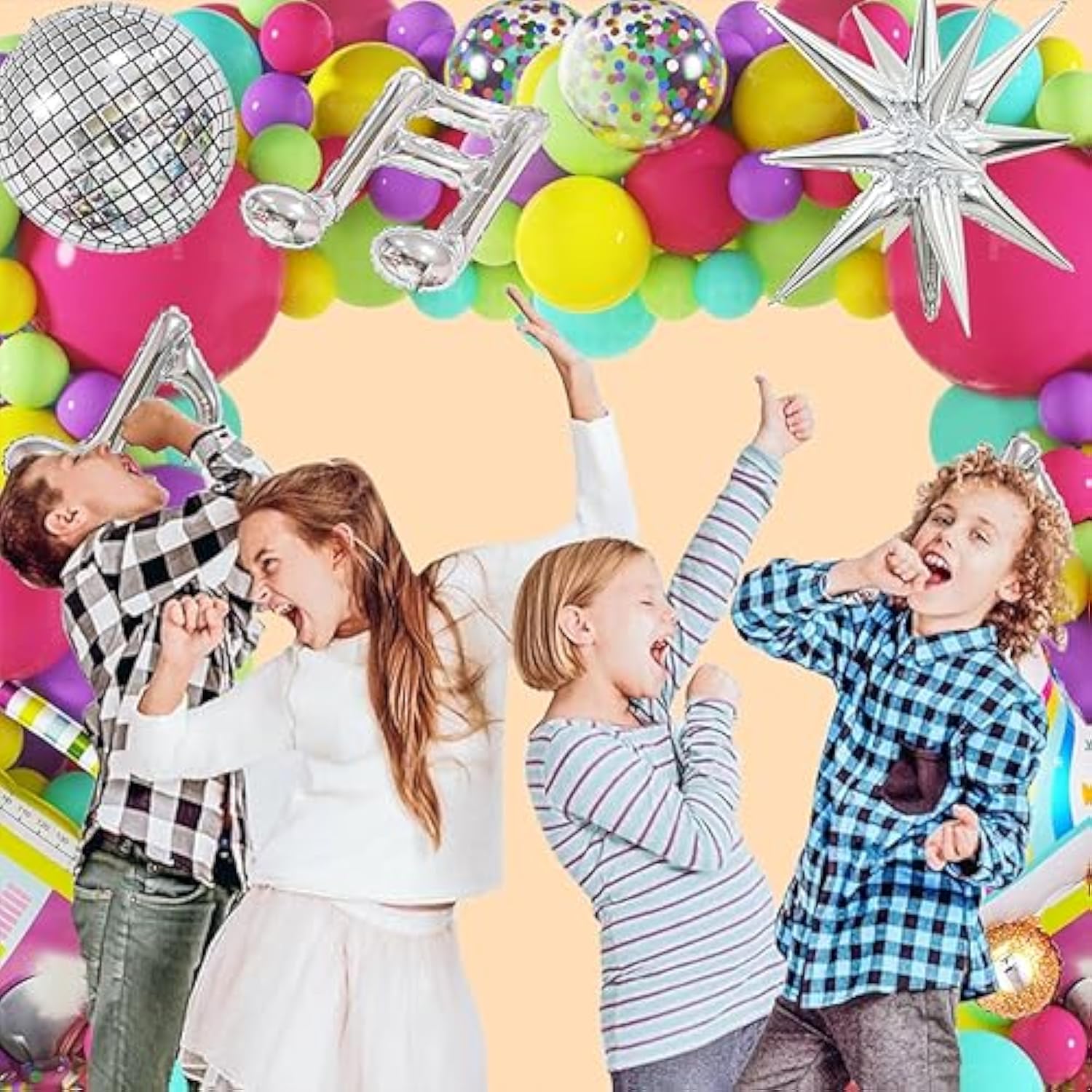 167pcs 80s 90s Neon Balloon Arch Kit with Music Note, Star & Disco Ball Foils