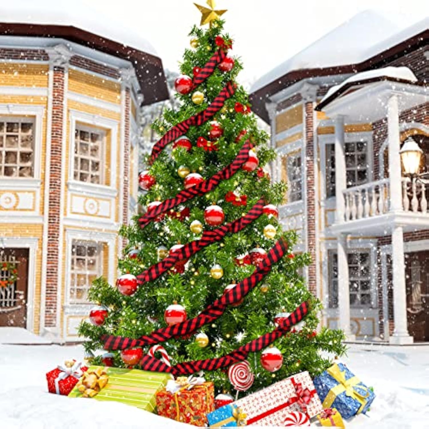 4 Inch X 50 Yards Christmas Plaid Buffalo Ribbon, Check Wired Edge Rib