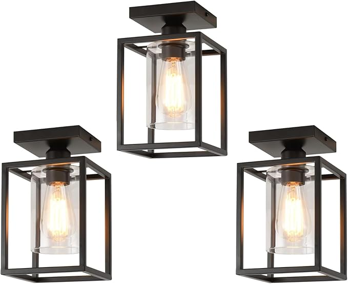3 Pack Farmhouse Semi Flush Mount Ceiling Lights Black Metal Frame with Clear Glass