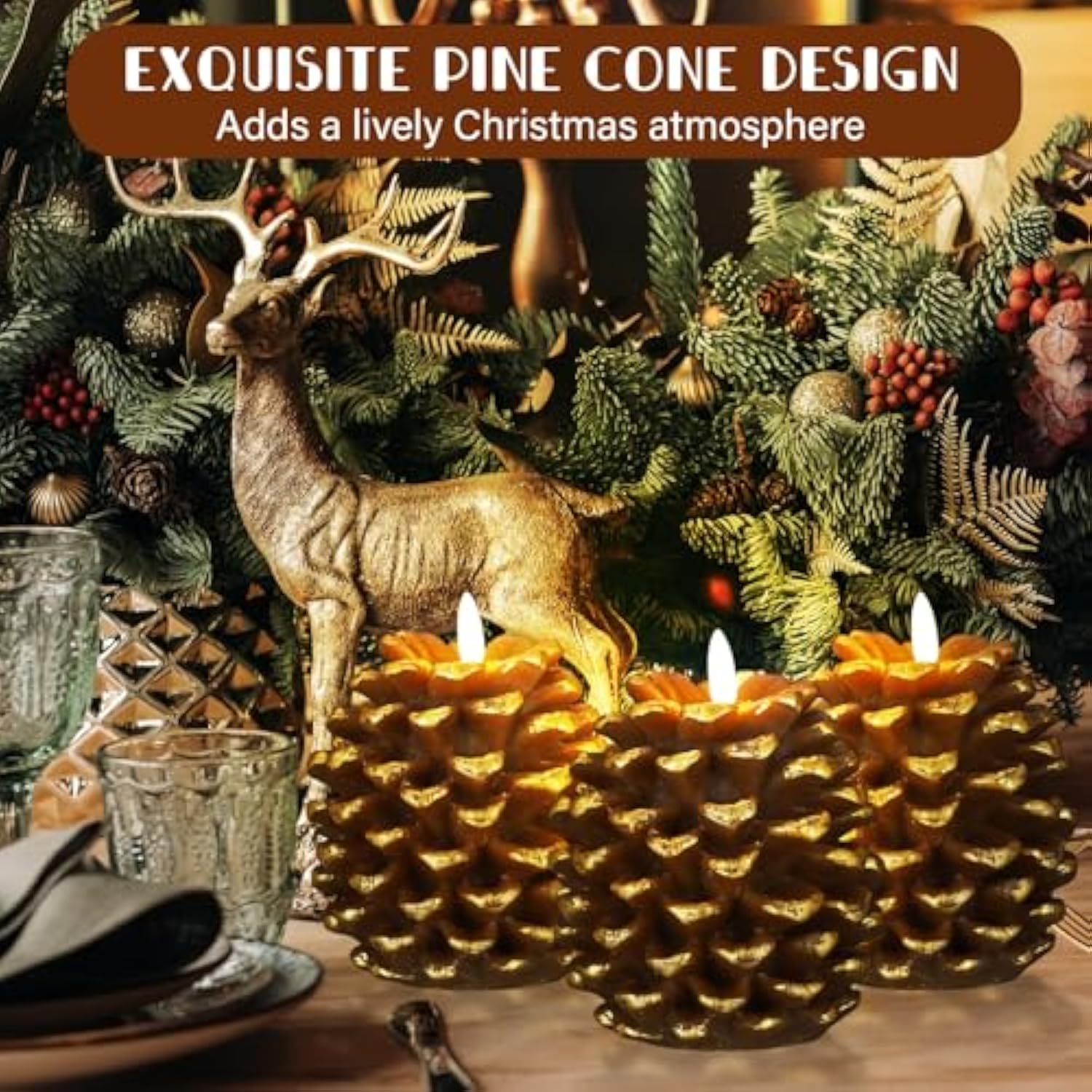3 Pcs Led Pine Cone Candles Flameless Pinecone Candles Battery Operated, Real Wax Pine Cone Led Flickering Pillar For Christmas Home Party Decoration(Brown)