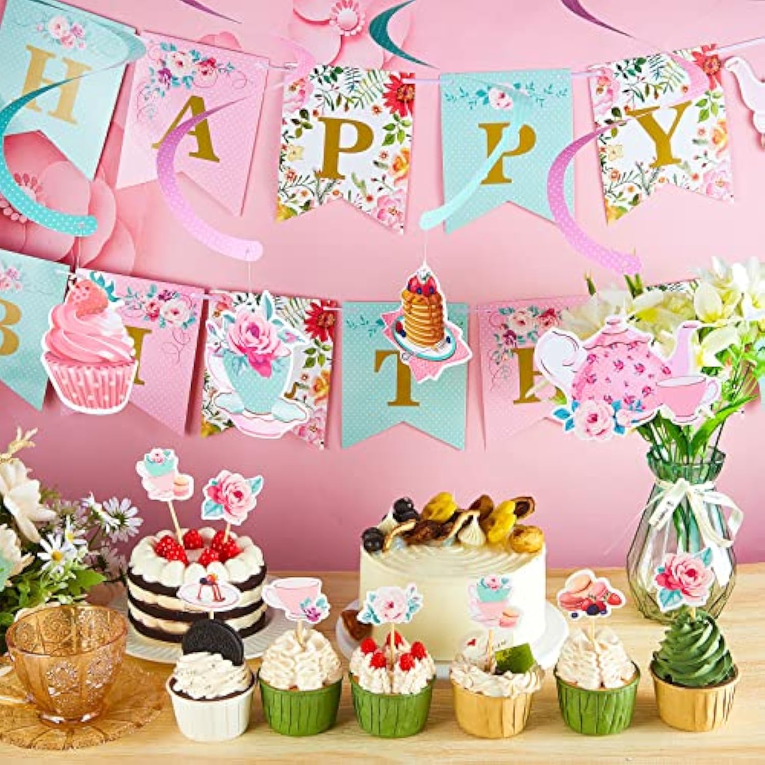 40 Pieces Floral Tea Party Decorations Floral Birthday Banner Teapot B