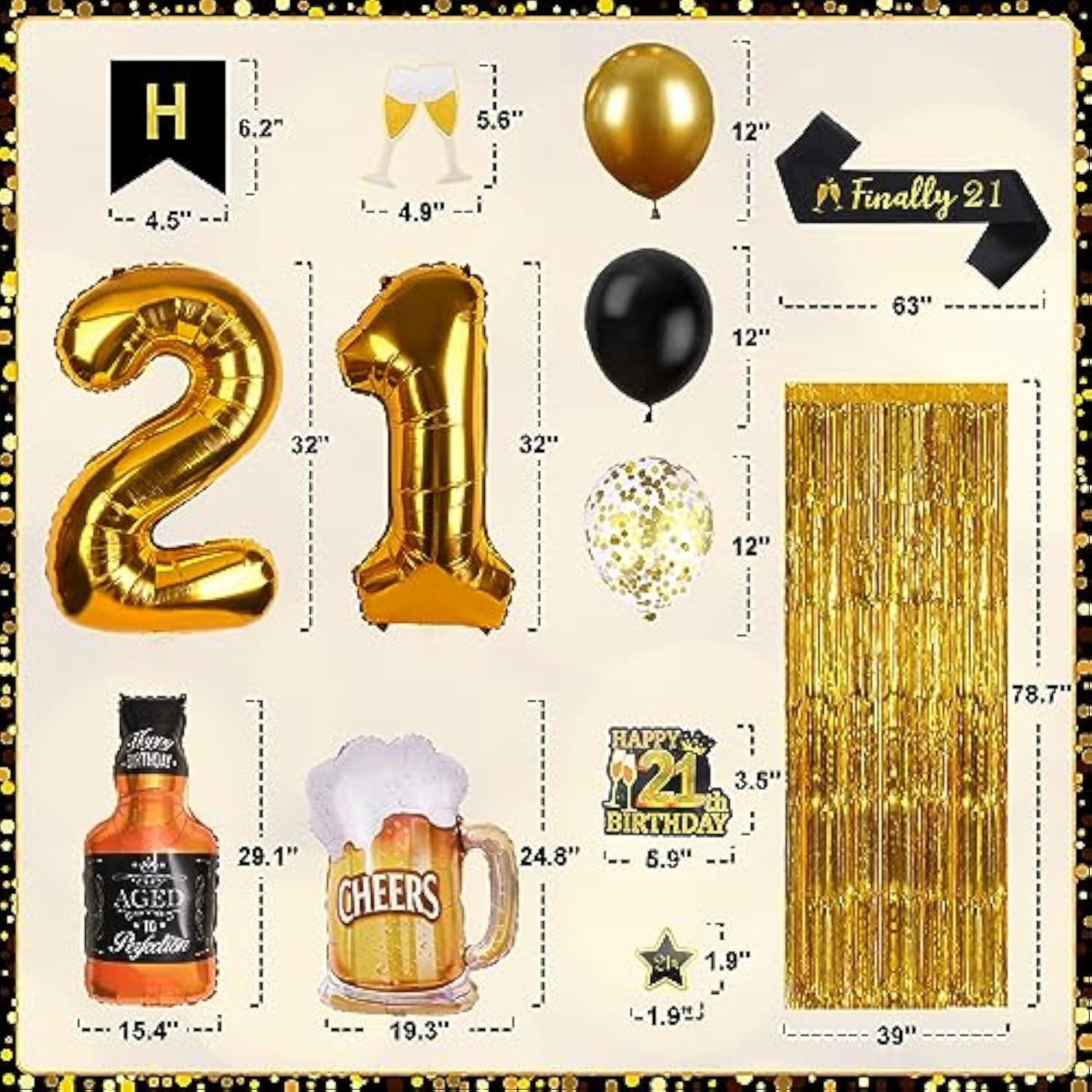 21St Birthday Decorations For Him, Happy Birthday Decorations Black And Gold 21 Birthday Decor With Happy Birthday Banner, Fringe Curtain, Confetti And Latex Balloons