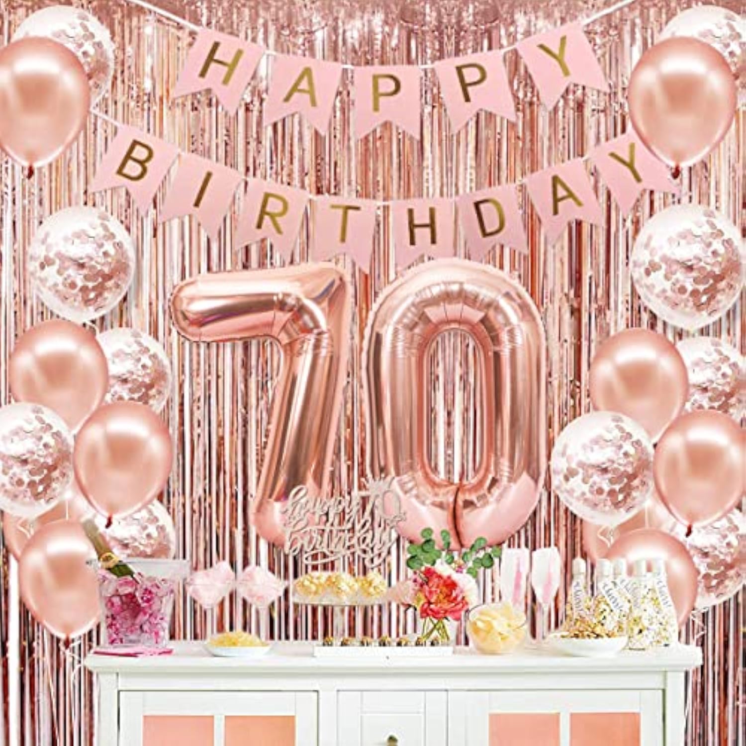 70Th Birthday Decorations For Women, Happy 70Th Birthday Banner, Crown, Sash, Cake Topper And Number Balloon, Rose Gold 70 Birthday Party Decorations Kit
