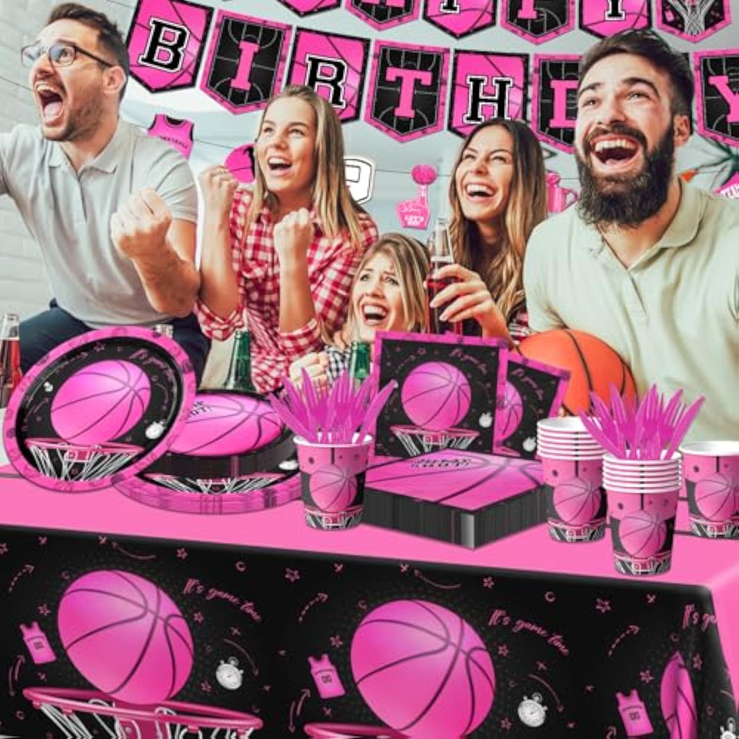 Basketball Party Decorations, 142Pcs Pink Basketball Birthday Party Decorations Tableware Include Plates And Napkins,Cups,Banner,Tablecloth For Girls Boys Sports Theme Birthday Party Supplies