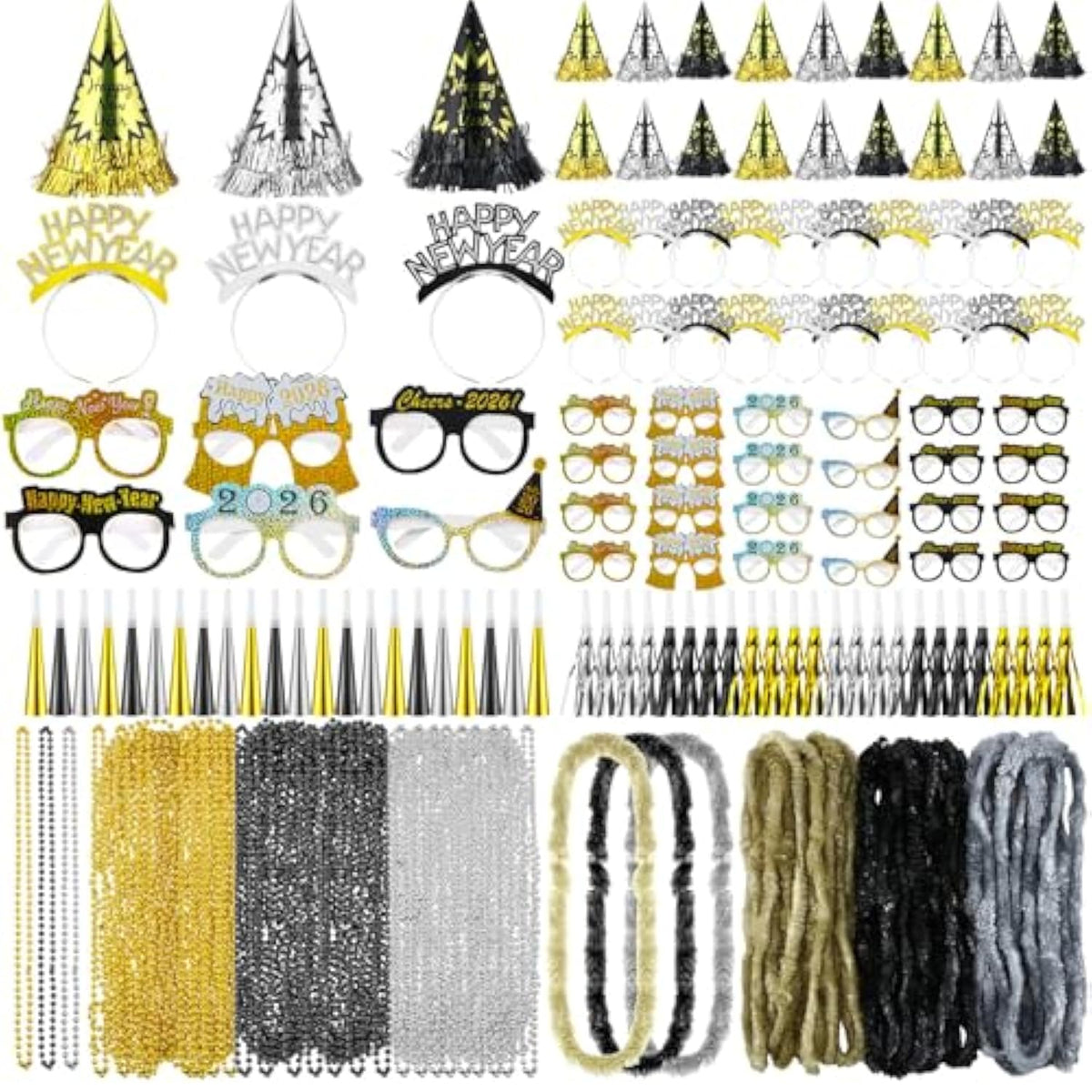 384pc New Year’s Eve 2026 Party Supplies Kit for 96 Guests Hats Glasses Noisemakers