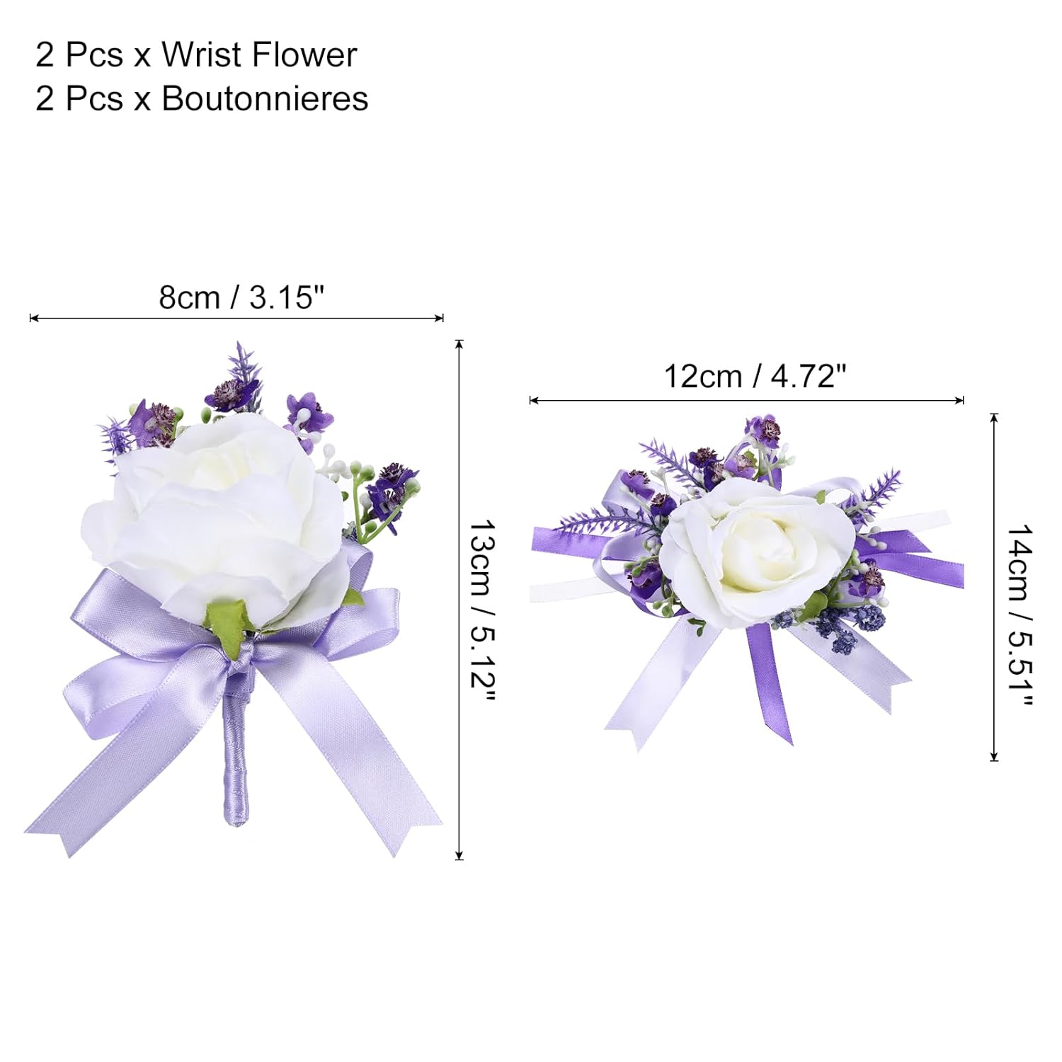 2 Pack Artificial Rose Wrist Corsage And Boutonnieres Set, White And Purple Corsage Wristlet Bride Men Groom Boutonnieres Suit For Wedding Homecoming Party Prom Decorations