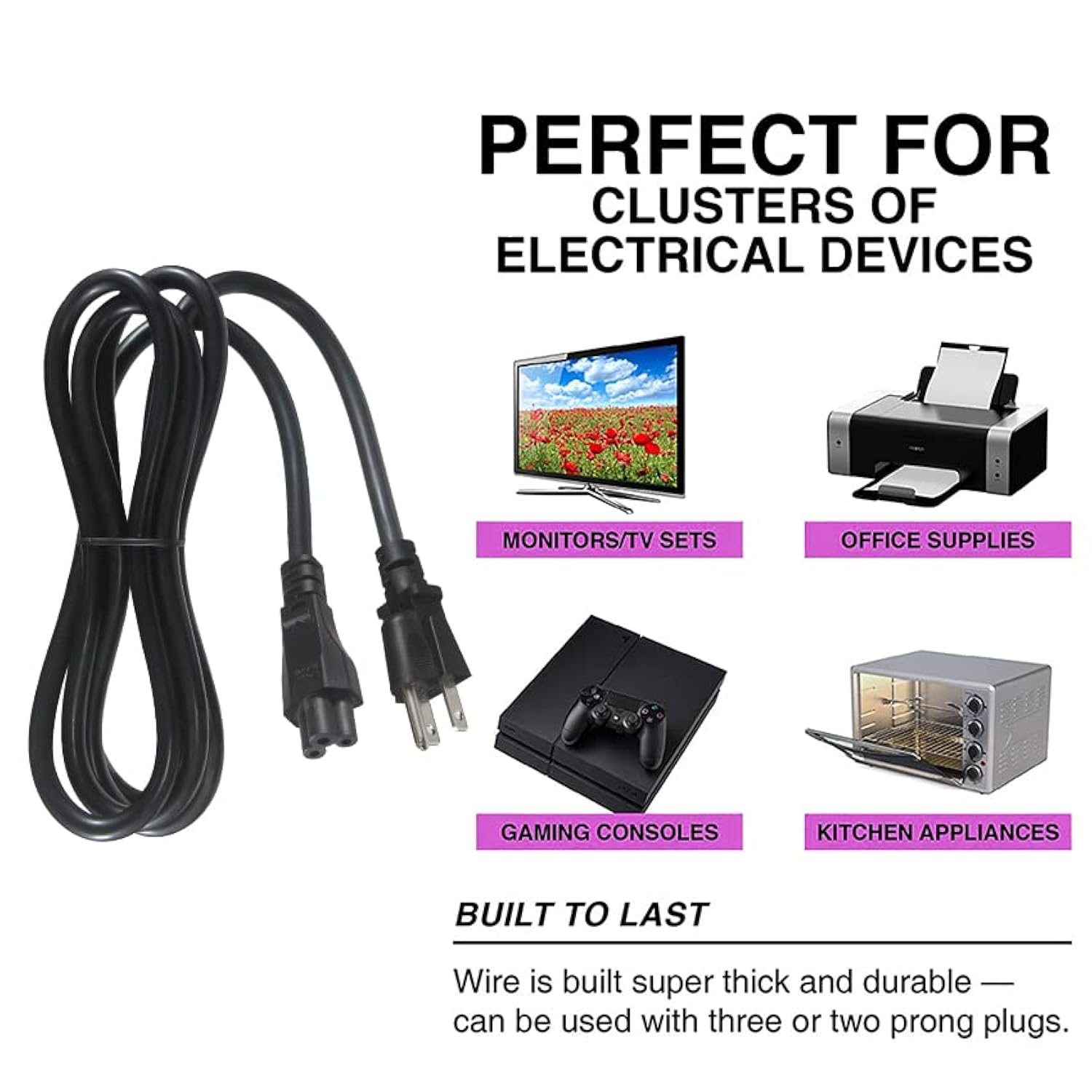 3-Slot Universal Ac Power Cord - 6Ft Replacement 3 Prong Laptop Power Cable, Nema 5-15P To Iec C5 Connector, Sjt 18 Gauge, Black