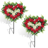Artificial Cemetery Flowers Wedding Flowers Silk Flowers Artificial Roses Heart Bouquet With Long Spike For Ourdoor Grave Wedding Party Decoration (Red White)