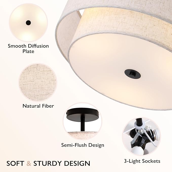 16 Inch Double Drum Ceiling Light 3 Light Semi Flush Mount Fabric Shade Fixture