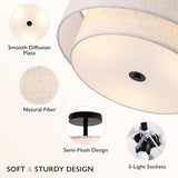 16 Inch Double Drum Ceiling Light 3 Light Semi Flush Mount Fabric Shade Fixture