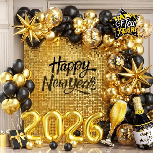 New Years Decorations 2026, New Year Balloon Arch with Black Gold Confetti 2026 Balloons for Eve Party Supplies Nye Decorations