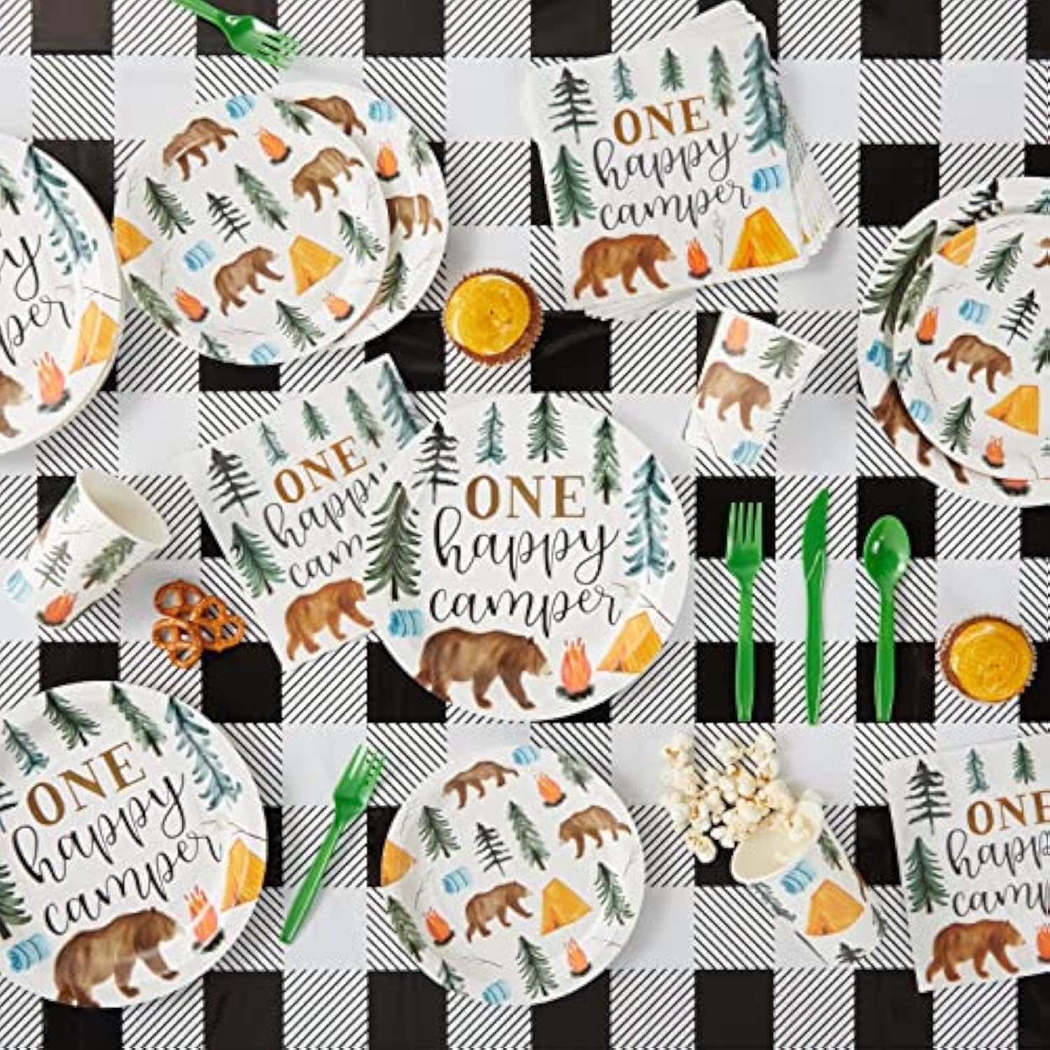 80-Pack One Happy Camper Paper Plates - 9-Inch White Disposable Plates - Forest Bear & Campfire Design - Camping Theme Party & Baby Shower