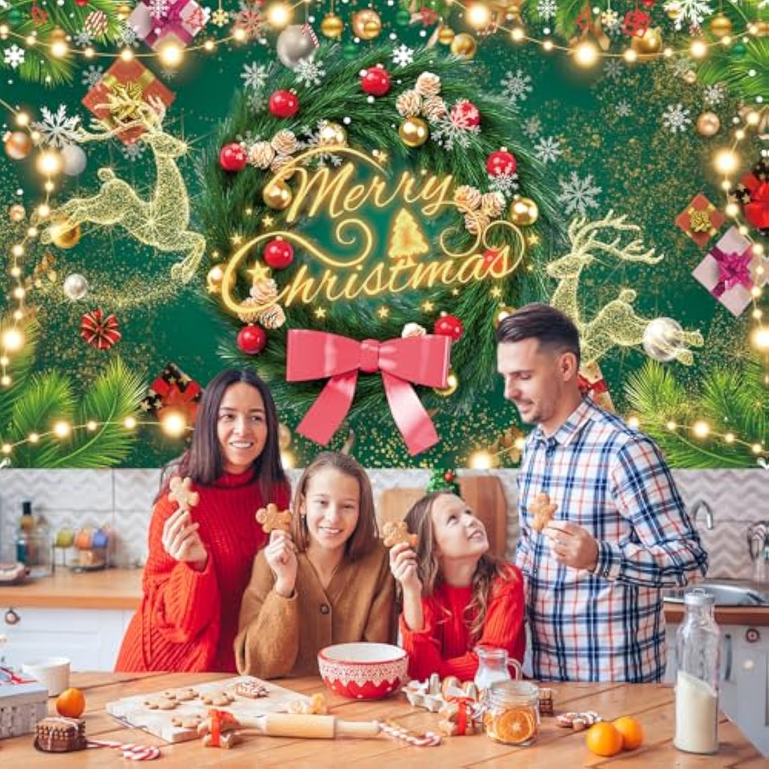 Merry Christmas Large Fabric Banner Background Sign, Green Elk Garland Xmas Banner Backdrop Photo Props For Wall Party New Year Winter Decorations