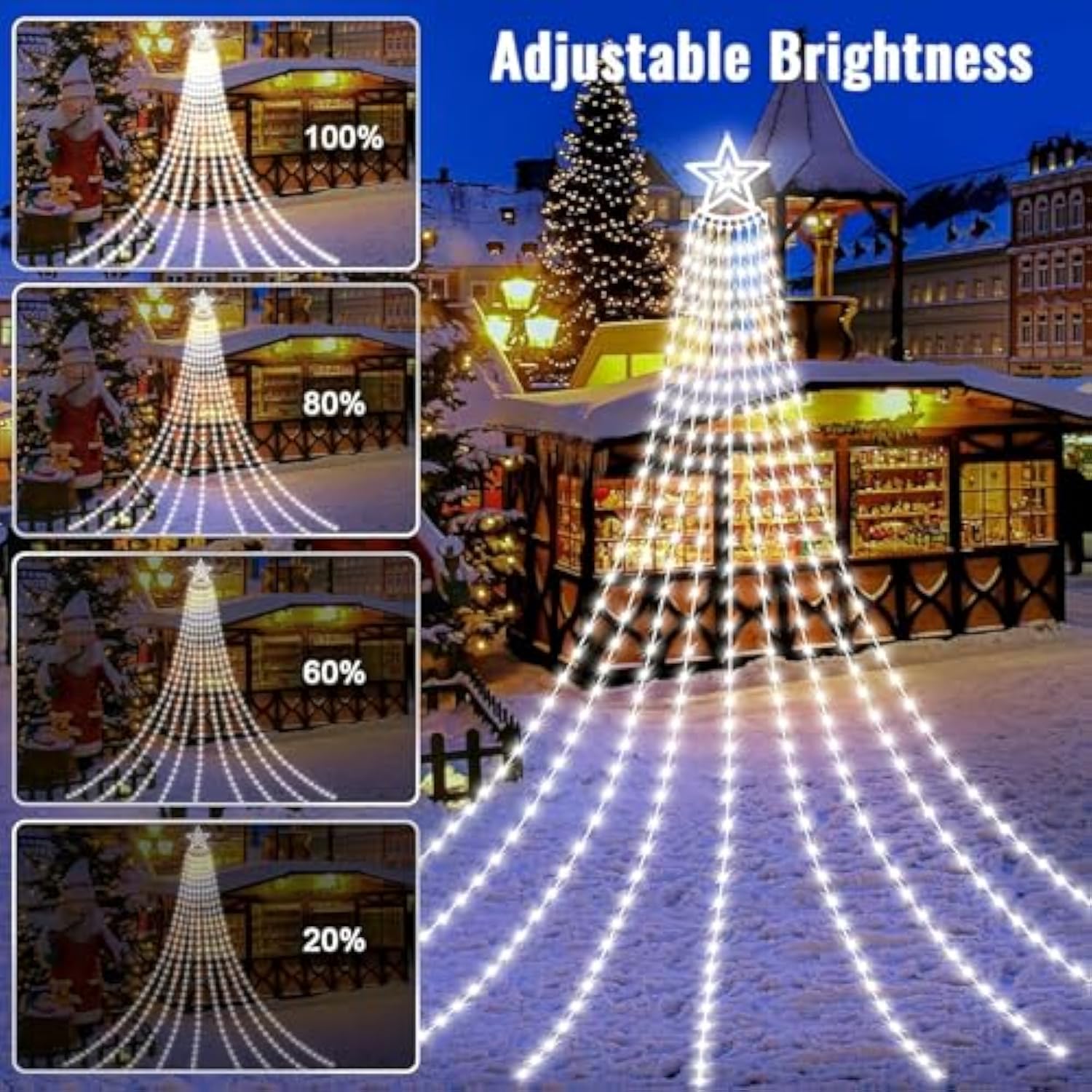 Solar Outdoor Christmas Decorations Lights, 350Led Christmas Star Tree Light Wth Remote Control, 8 Modes Waterfall Light