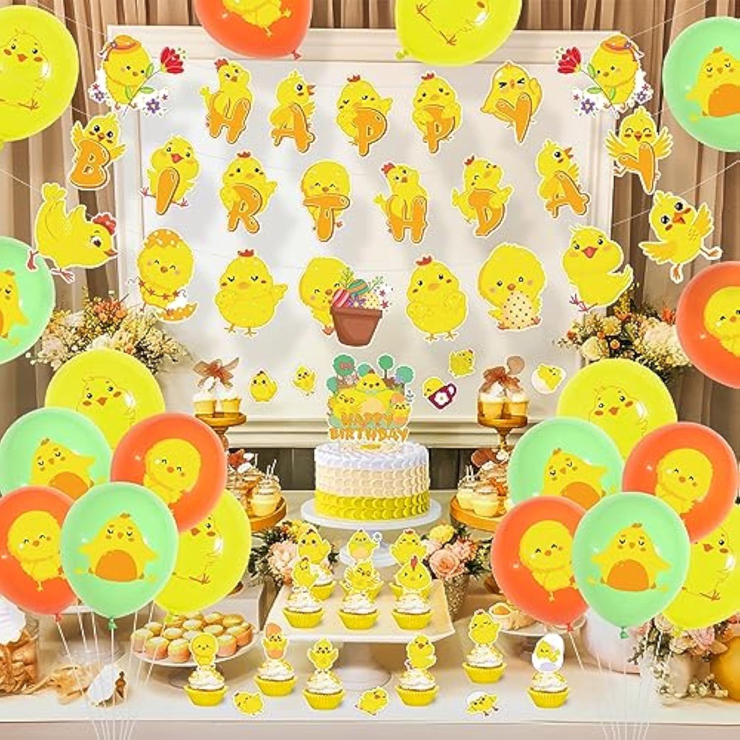Chicken Farm Party Decorations - Happy Birthday Banner, Cute Chicken Banner, Cake Toppers, Latex Balloons, Sticker For Baby Shower, Boy Kid Birthday Supplies