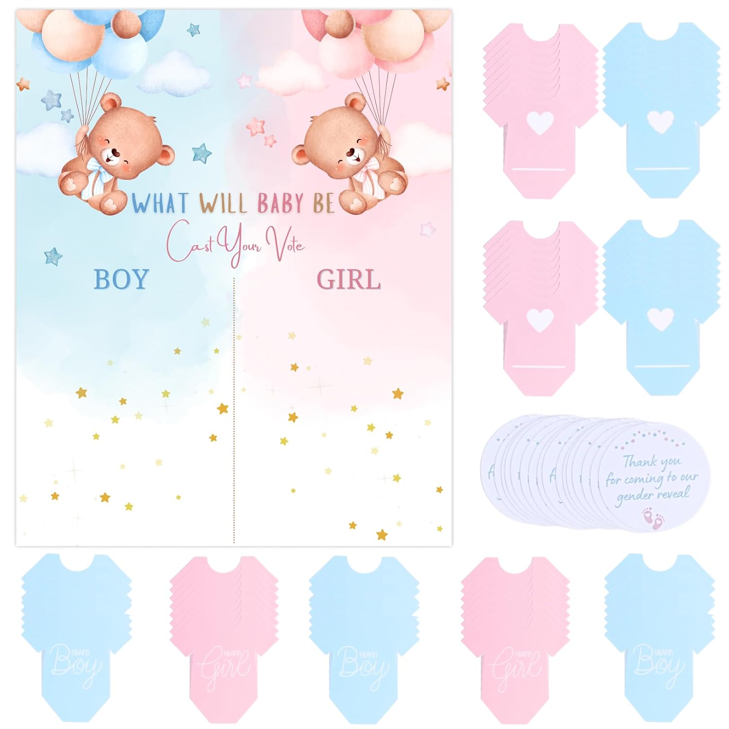 193 Pieces Gender Reveal Decorations - Cast Your Vote Sign Mommy To Be Daddy To Be Button Pins Team Boy Team Girl Stickers Baby Shower Thank You Stickers Party Supplies Games