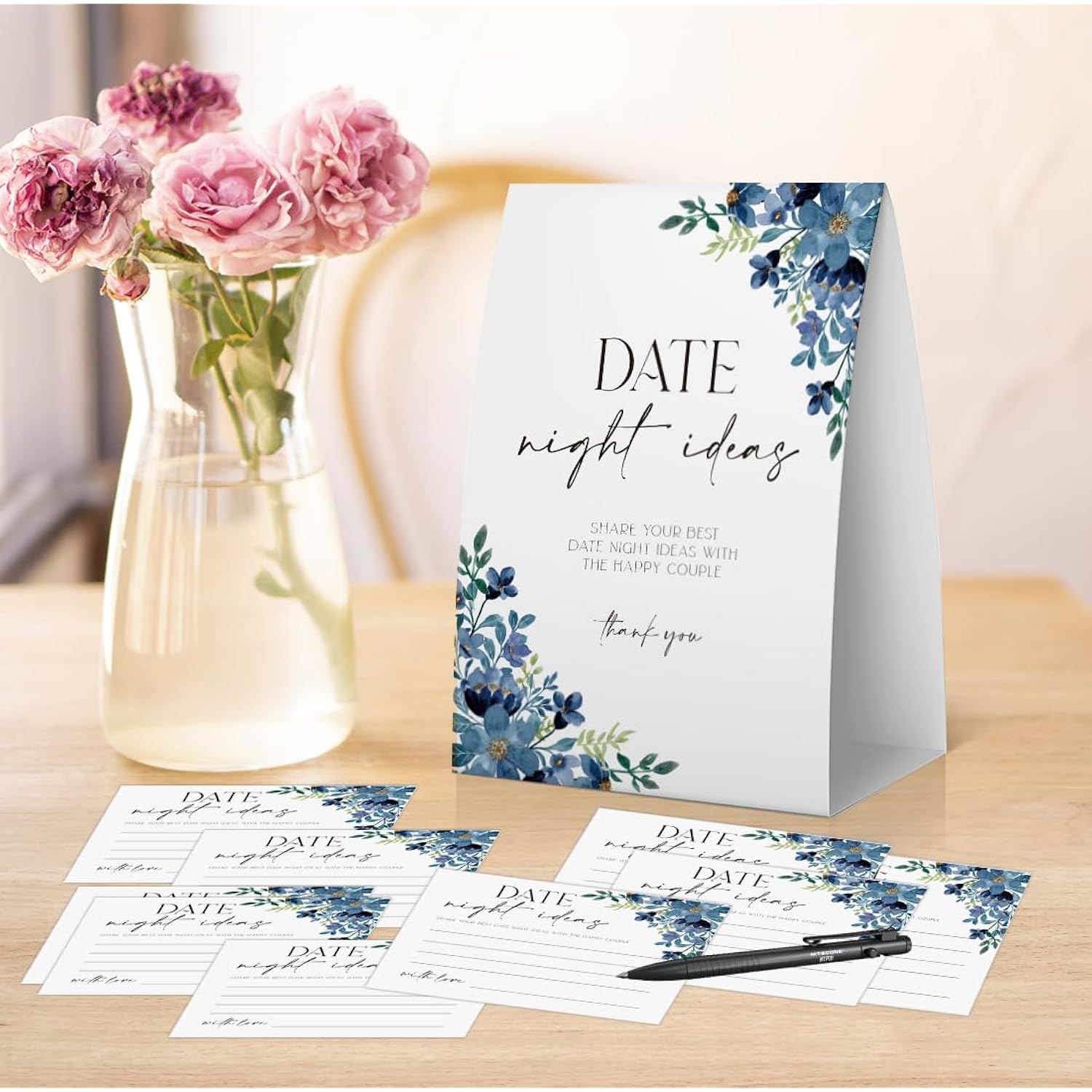 Date Night Ideas For Bridal Shower (One Sign + 50 Ideas Cards), Wedding Games 50 Guests, Bridal Shower Games, Blue Floral Bridal Shower Sign,Something Blue Before I Do Decoration -Dn18