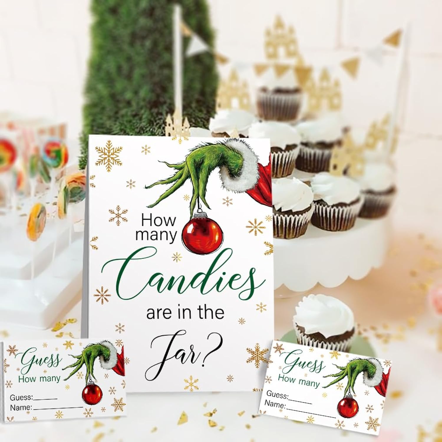 How Many Candies Are In The Jar Christmas Theme Party Sign, Snowflake Decorations Theme Party Card Kit (1 Sign & 50 Guessing Cards), Festive Activities Party Card-23