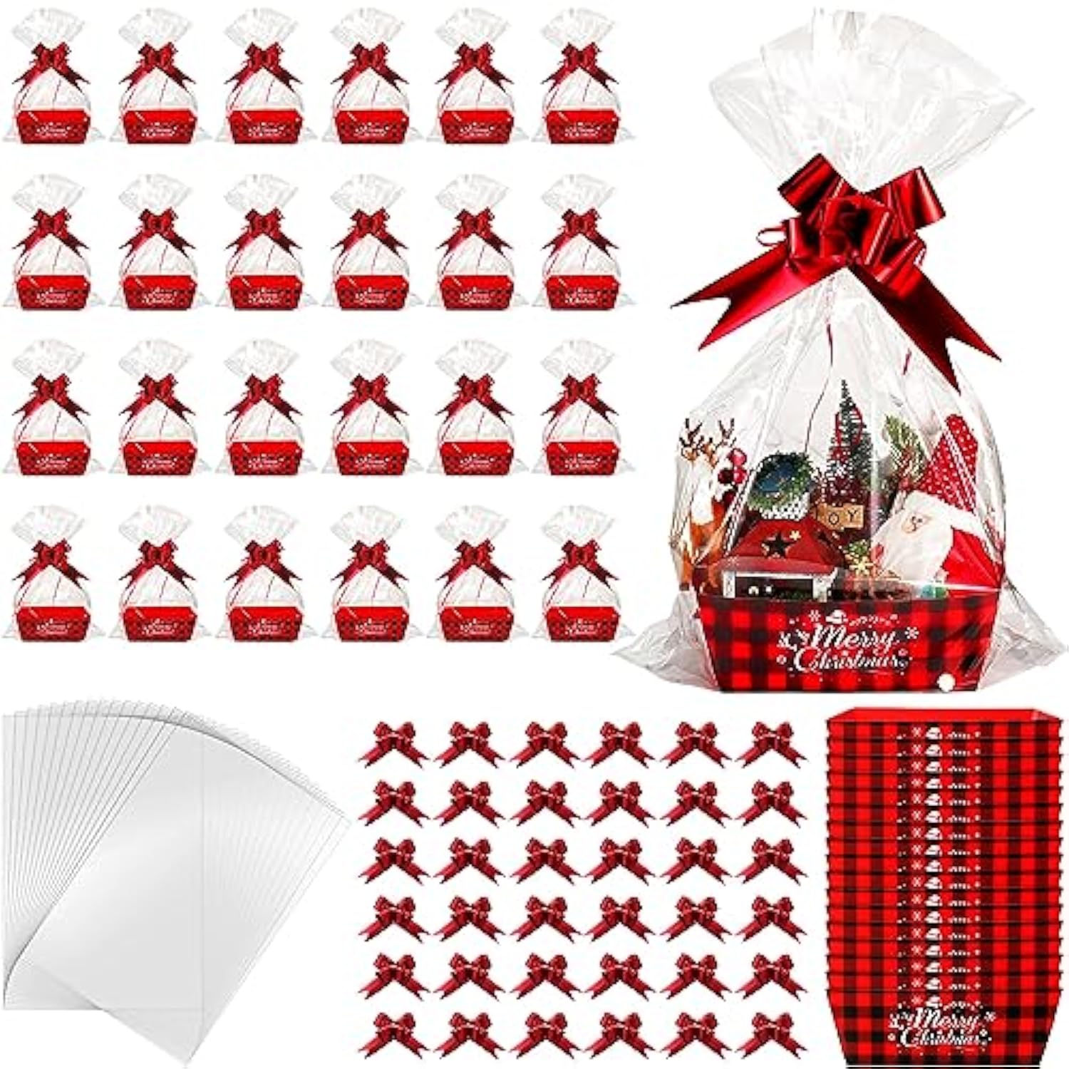 72 Pcs Christmas Gift Baskets Empty To Fill Kit Diy Basket For Gifts Empty Bulk 24 Tray Favor With Handles 24 Bows 24 Clear Basket Bags For Xmas Holiday Birthday (Buffalo Plaid)