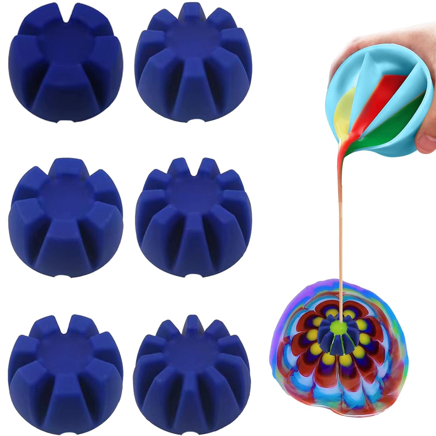 6Pcs/Set Flower Pour Cups Silicone Split Cup For Paint Pouring Acrylic Pouring Flower Strainers Fluid Art Pour Diy Resin Molds For Making Painting Tools Drawing Accessories (Blue)