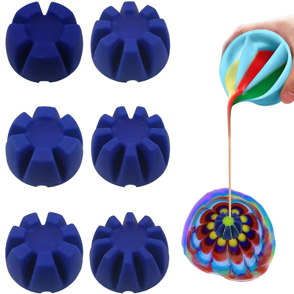 6Pcs/Set Flower Pour Cups Silicone Split Cup For Paint Pouring Acrylic Pouring Flower Strainers Fluid Art Pour Diy Resin Molds For Making Painting Tools Drawing Accessories (Blue)
