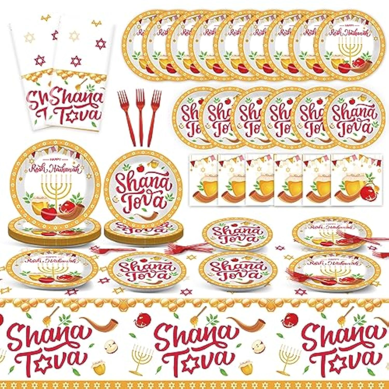98pc Rosh Hashanah Party Supplies Plates Napkins Tablecloth for 24 Guests