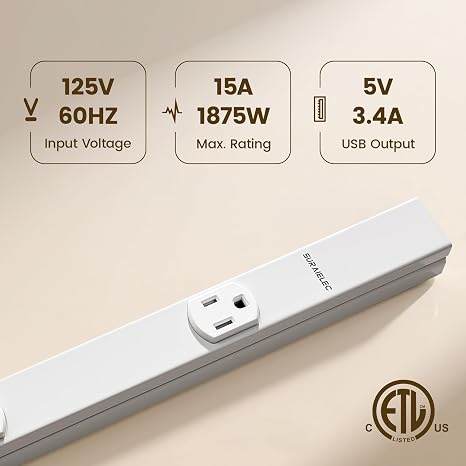 24 Inch Hardwired Under Cabinet Power Strip with USB Ports and 3 Outlets for Kitchen and Workshop