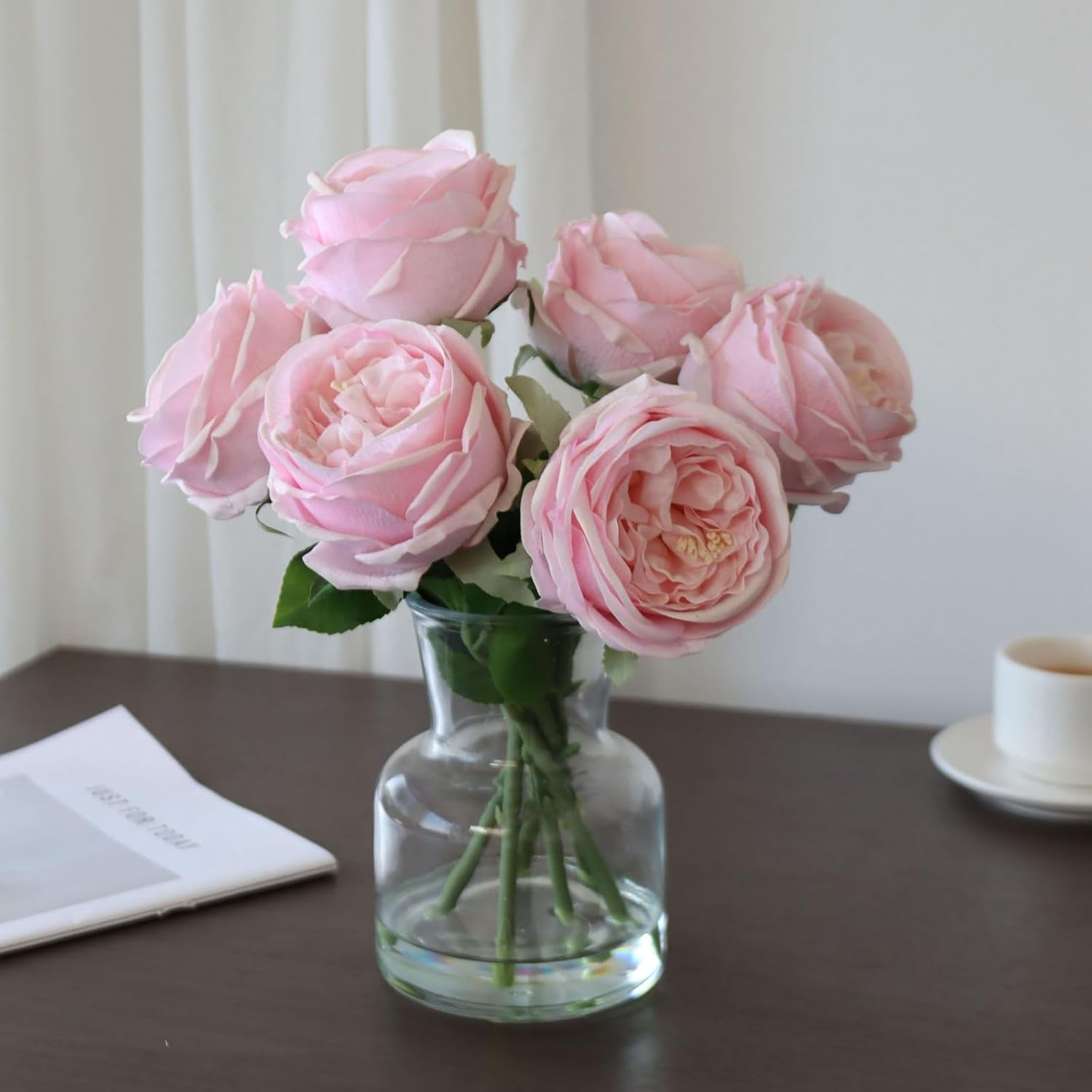 Vase With Artificial Flowers Home Decor, Pink Real Touch Peony Floral Arrangement With Faux Water Fixed Stems 11In Glass Vase For Coffee Table, Kitchen Counter, Bathroom, Desk Centerpieces