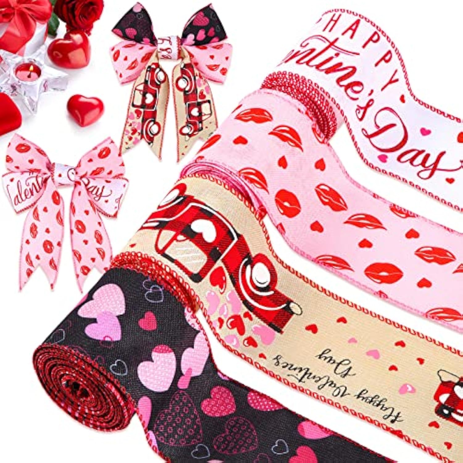 4 Rolls 24 Yards Valentine'S Day Wired Edge Ribbons 2.5 Inch Lips Hear