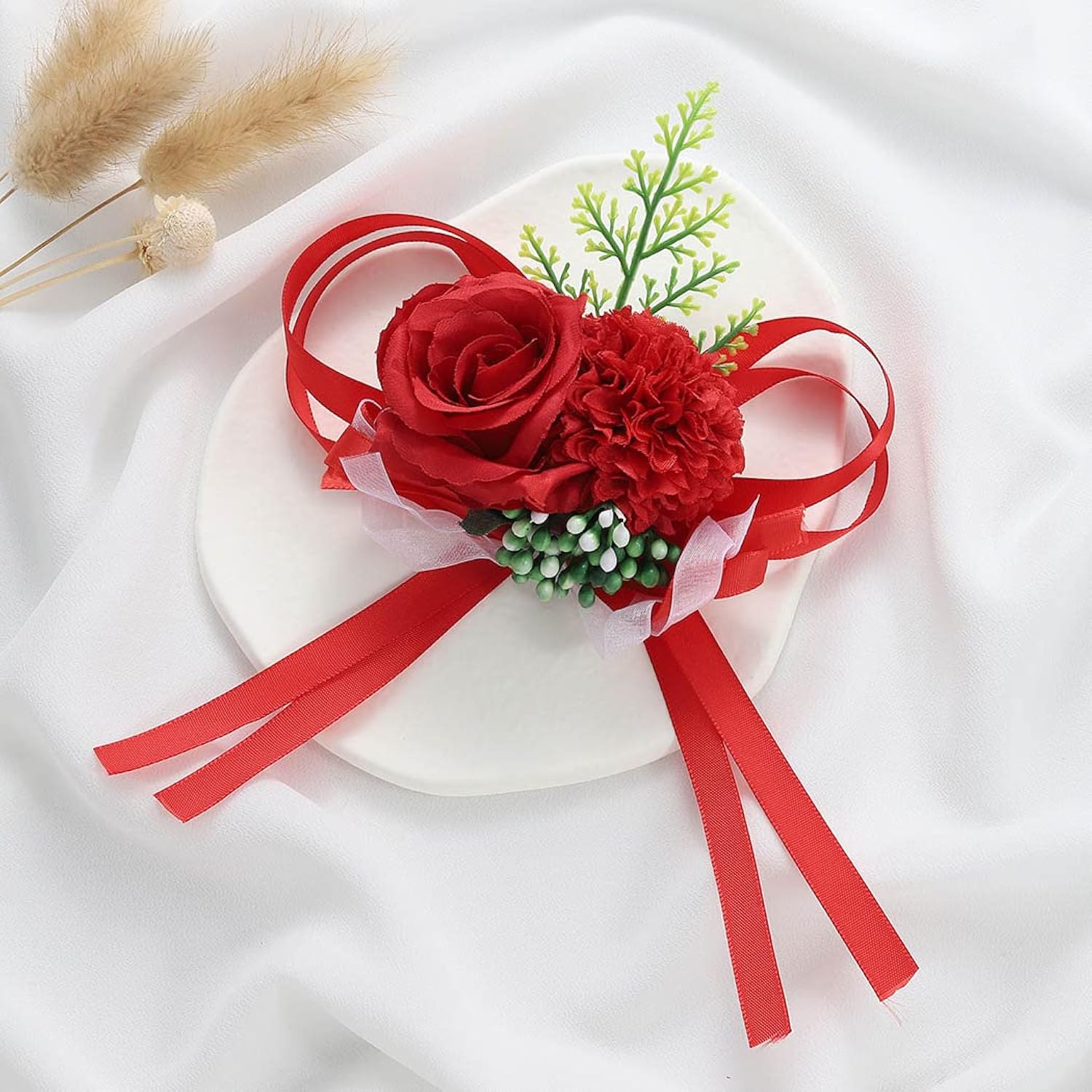 Wedding Bride Rose Wrist Corsage Red Bridesmaids Wrist Flower Flowergirl Hand Floral Decor Bridal Prom Party Accessories For Women And Girls (A-Red)