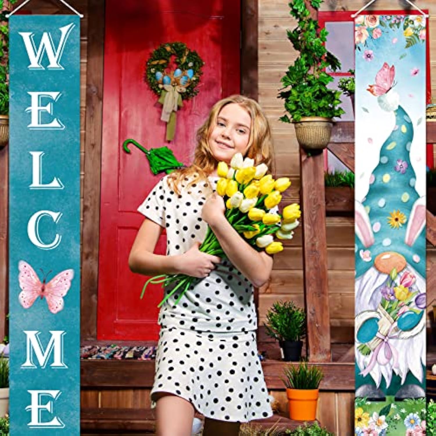 Welcome Spring Porch Banners Spring Gnome Door Banner With Gnome Butterfly Flower Pattern Tulip Hanging Banners Spring Home Decorations For Indoor Outdoor Home Yard Wall Supplies (Tulip Theme)