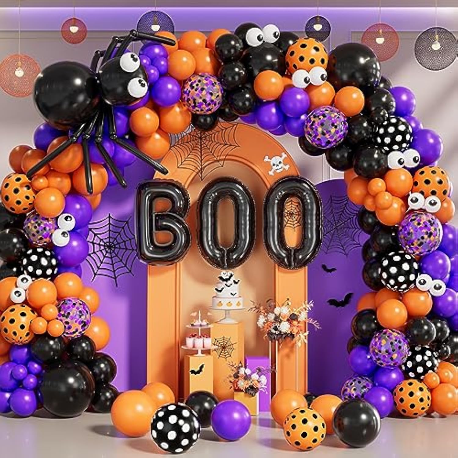 Halloween Balloon Arch Kit - Black, Orange, Purple, Confetti with Spider, BOO & Eye Foils