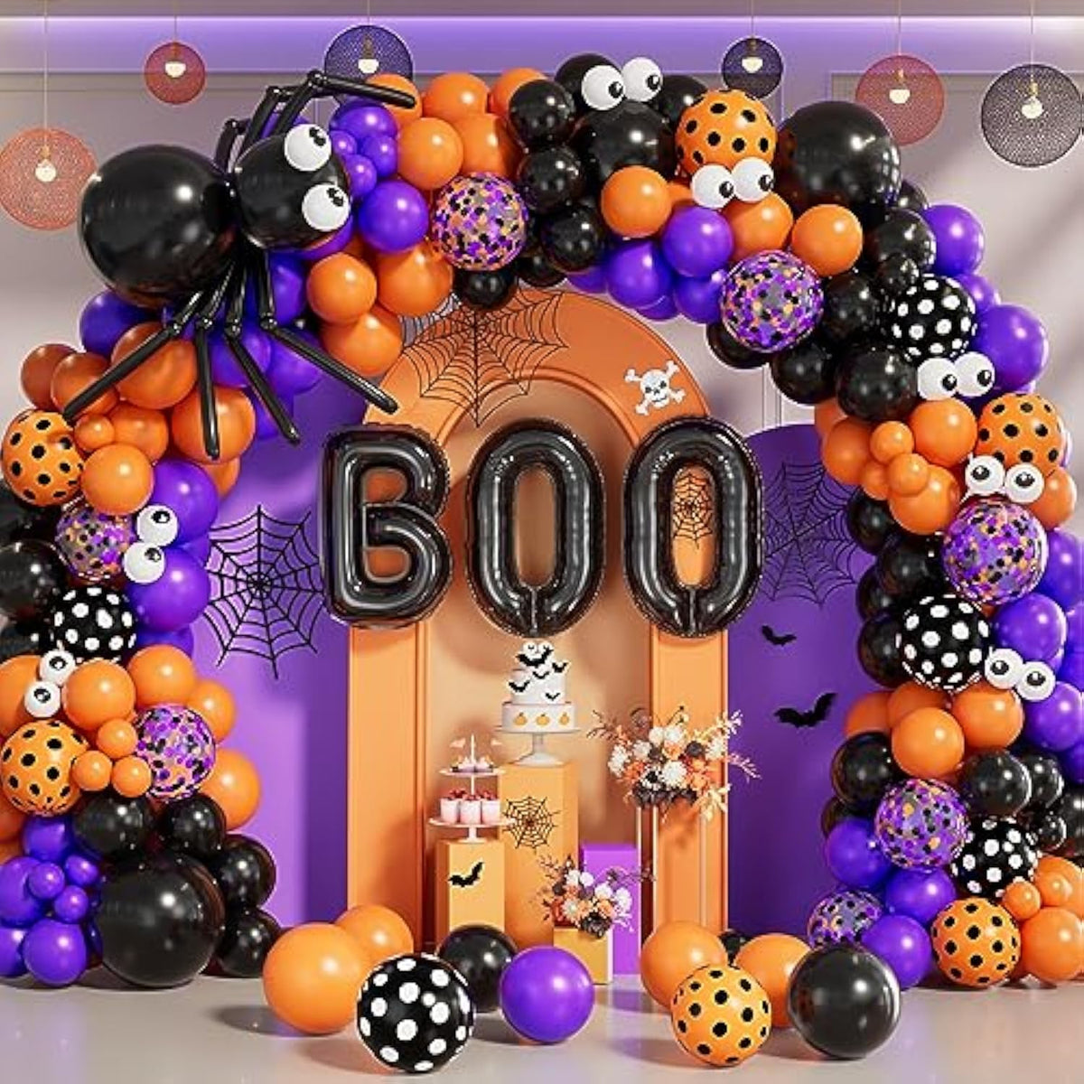 Halloween Balloon Arch Kit - Black, Orange, Purple, Confetti with Spider, BOO & Eye Foils