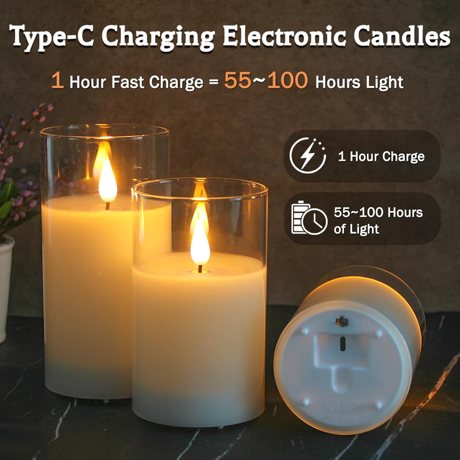 Rechargeable Flameless Glass Pillar Candles–Gifts For Women–Set Of 3, Realistic Flickering Led Light,Remote & Timer, Usb-Rechargeable, Ideal For Living Room, Bedroom & Holiday Décor