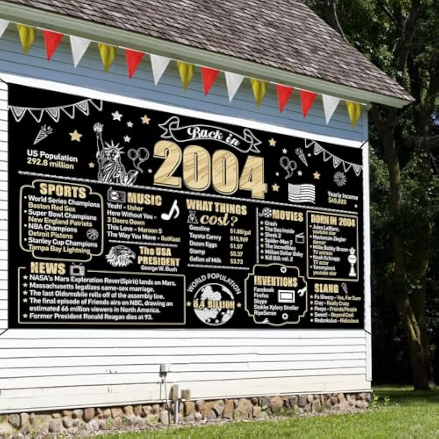 21st Birthday Banner — Black & Gold “Back in 2004” Photo Backdrop for Men & Women