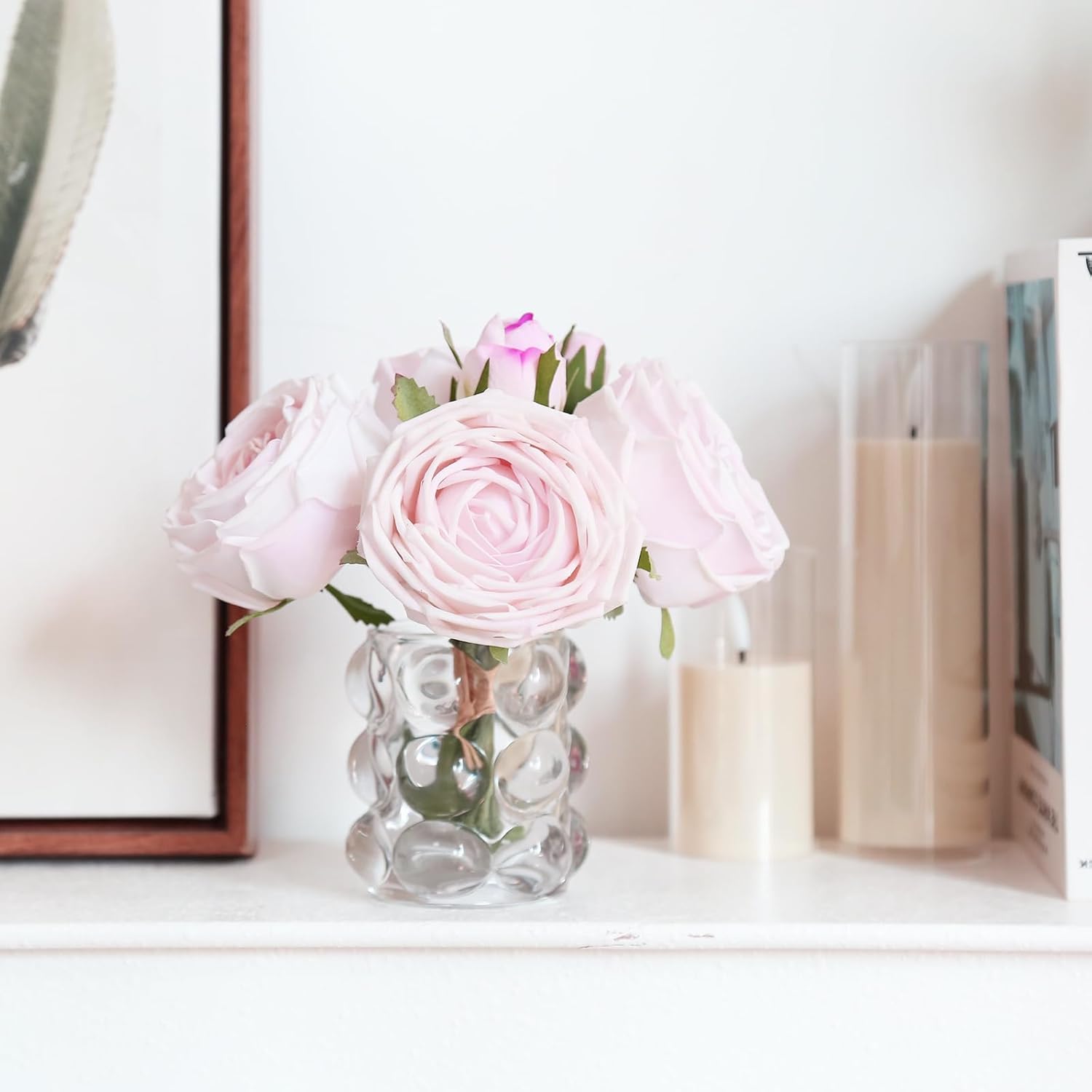 Fake Flowers With Vase,Real Touch Light Pink Roses Realistic Faux Flowers In Vase For Wedding Home Dining Table Centerpiece Decor(Light Pink)