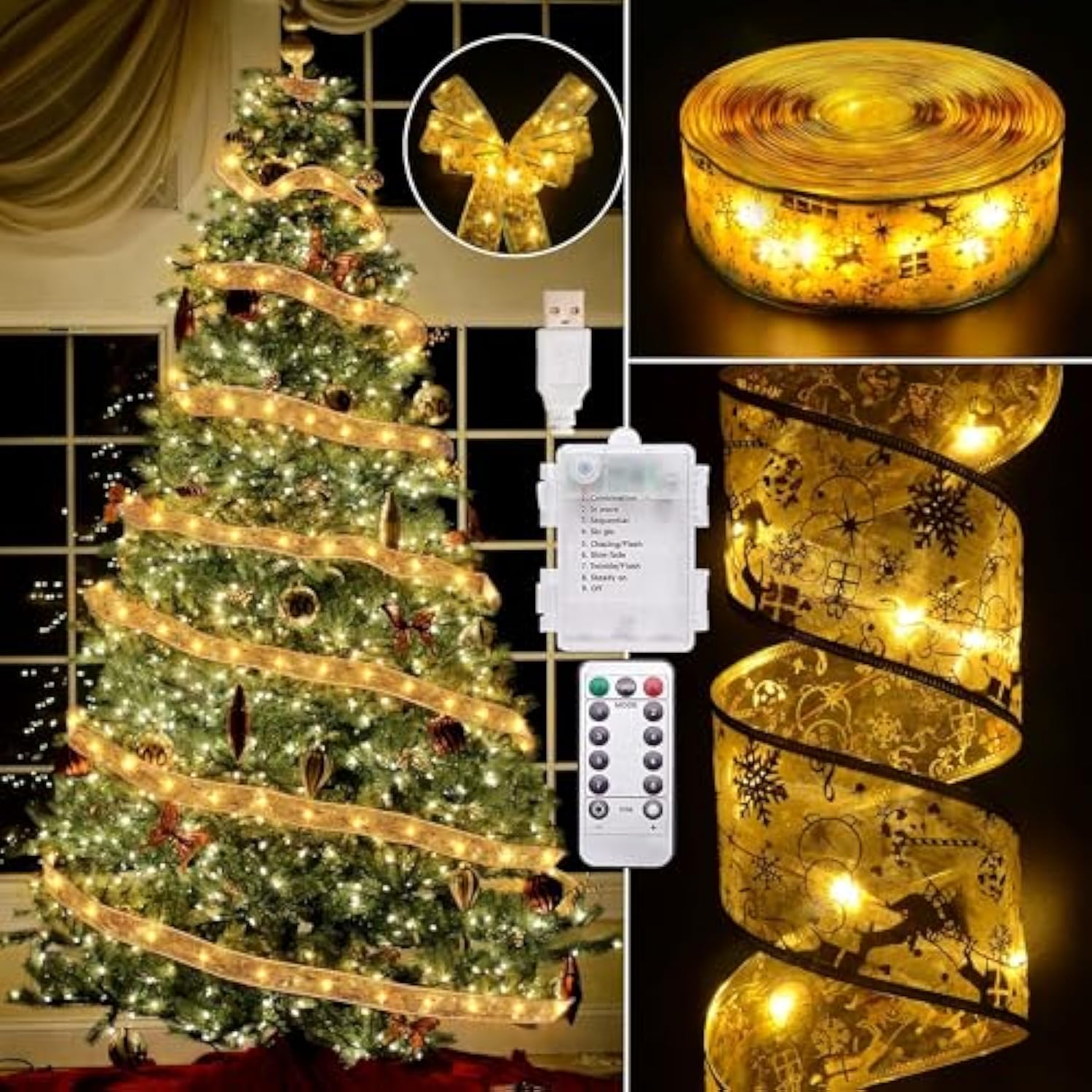 Christmas Decorations, 2.5Inch X 33Ft 100 Led Christmas Tree Ribbon Lights With Remote Control, Battery Operated & Usb P