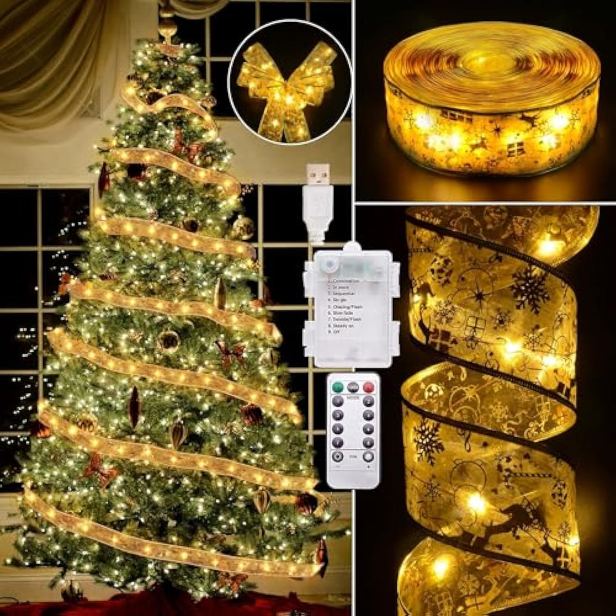 Christmas Decorations, 2.5Inch X 33Ft 100 Led Christmas Tree Ribbon Lights With Remote Control, Battery Operated & Usb P