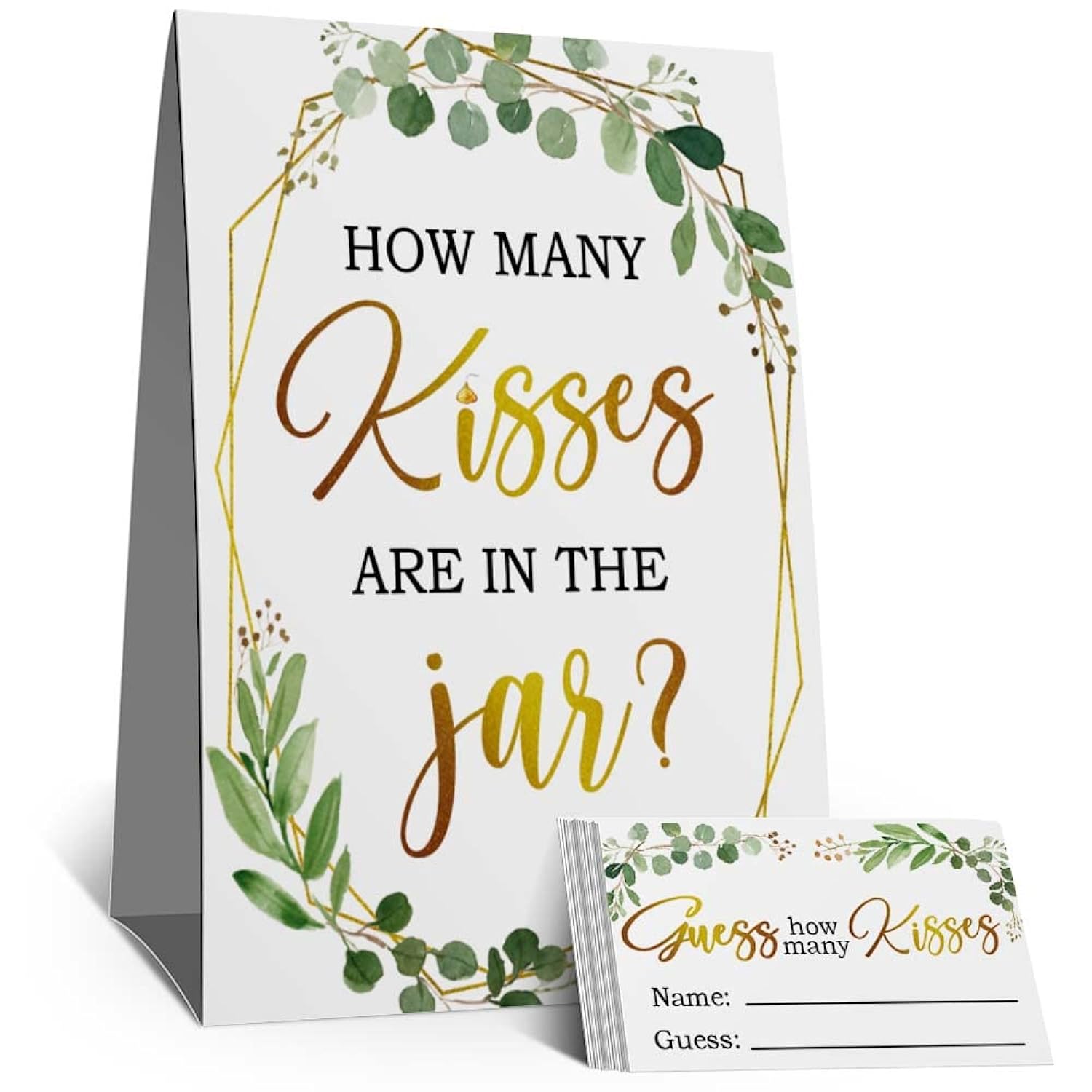 Guess How Many Kisses Are In The Jar Game, Eucalyptus How Many Kisses Baby Shower Cards Kit(1 Standing Sign + 50 Guessing Cards), Guess How Many Kisses Insert Ticket