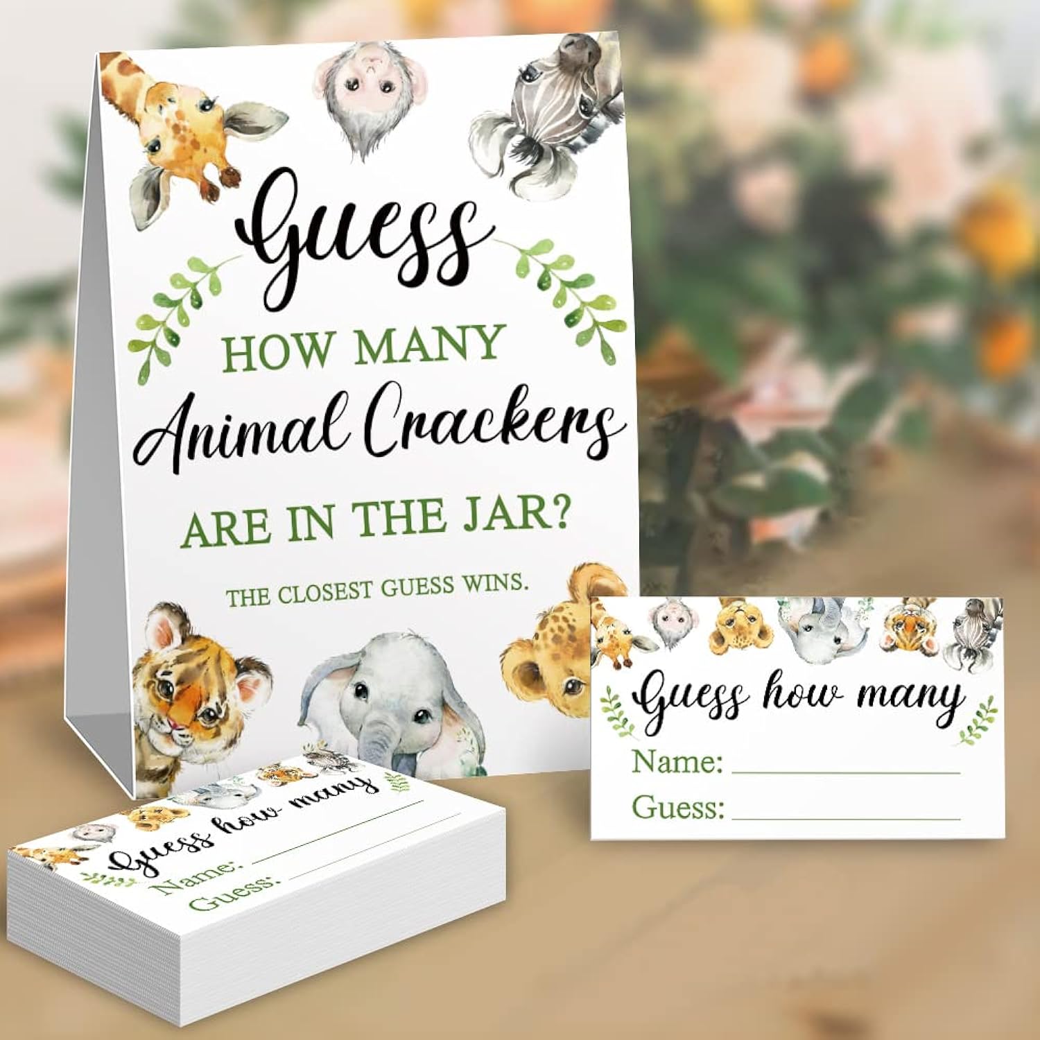 Guessing Animal Crackers Baby Shower Party Game Cards, Woodland Forest Animals Baby Shower Party Raffle Insert Ticket, Baby Showers Decorations Game Cards Kit (1 Standing Sign + 50 Guessing Cards)